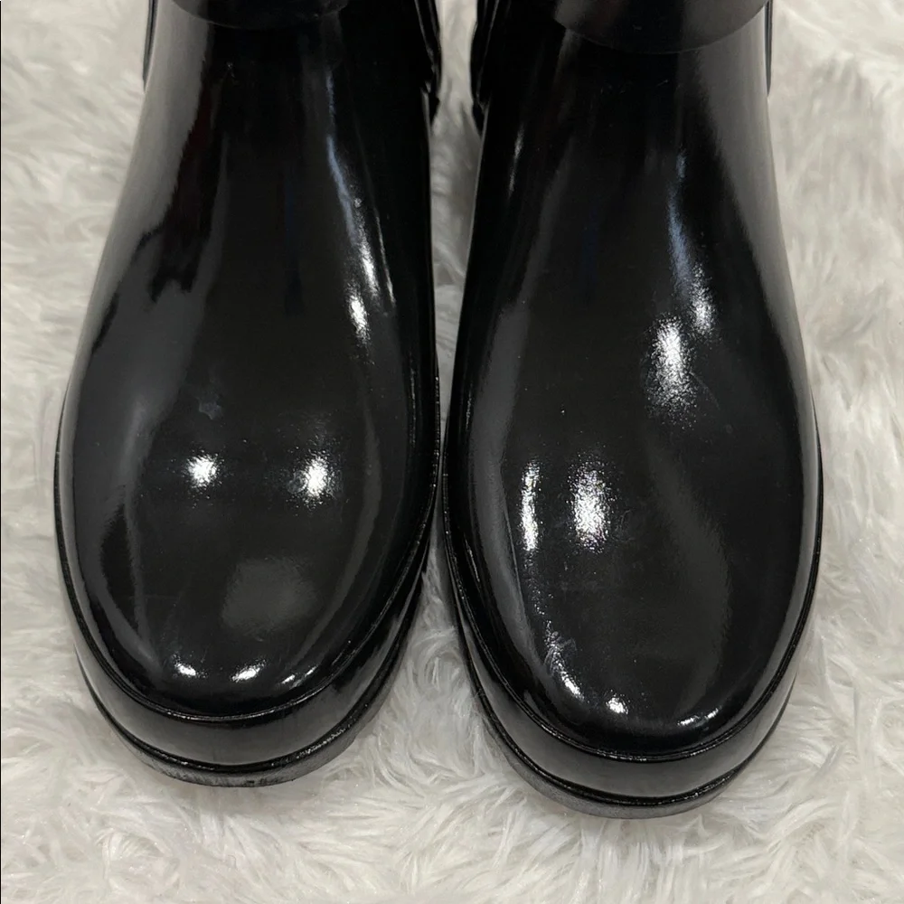 Hunter Refined Quilted Gloss Rain Boots Black Ankle Buckle Size 7